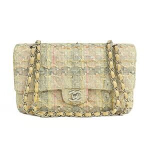 Chanel Matelasse 25 Tweed Double Flap Chain Shoulder Bag Beige Blue -